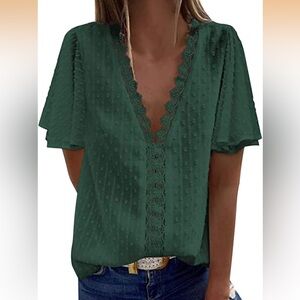 Women's Deep V Lace Trim Flutter Sleeve Top - Dark Green